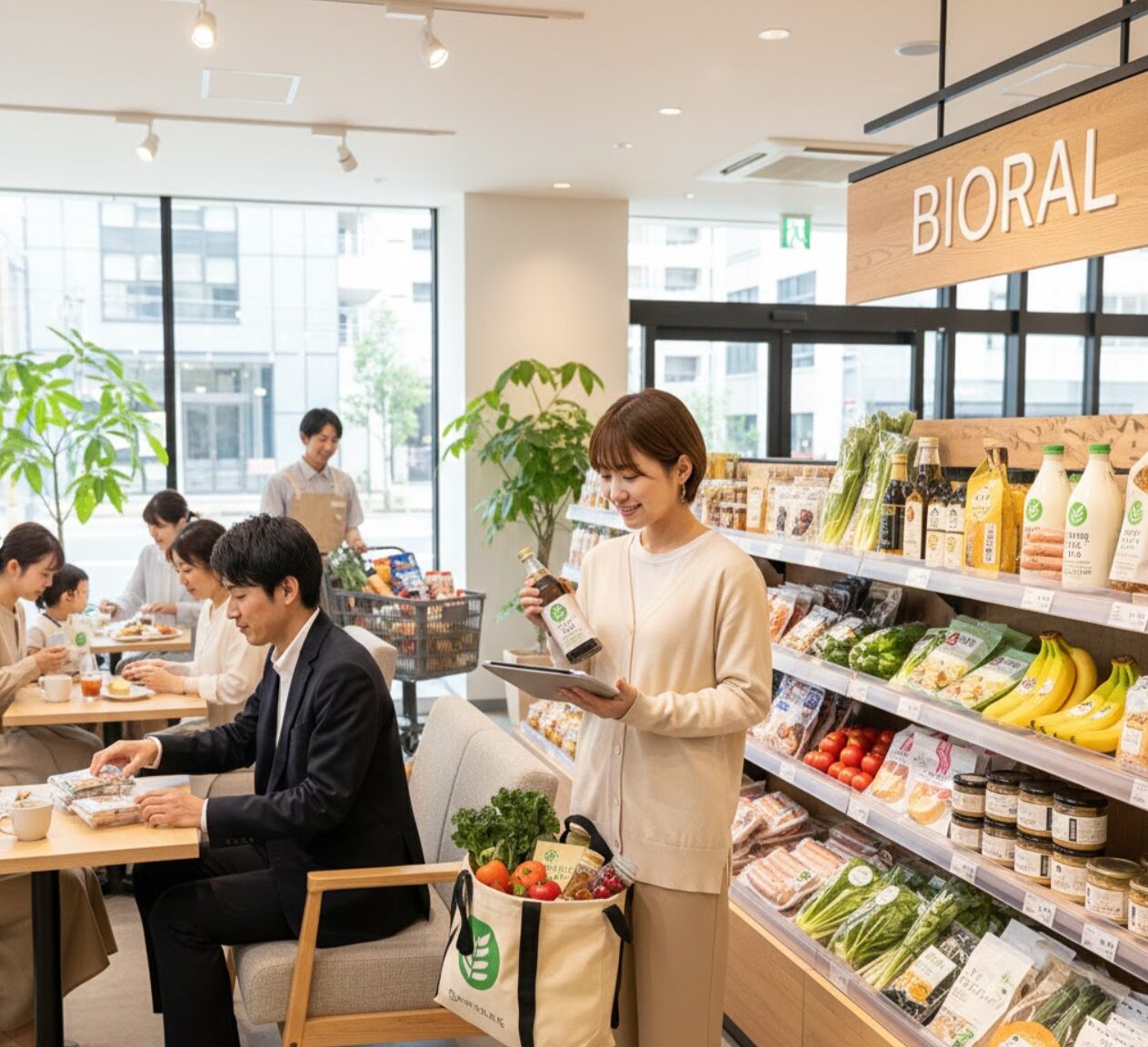 ビオラルの店内で、色とりどりのオーガニック野菜、無添加ウインナー、有機アガベシロップが美しく陳列されている棚。日本人の若い女性客が商品を手に取って選んでいる。