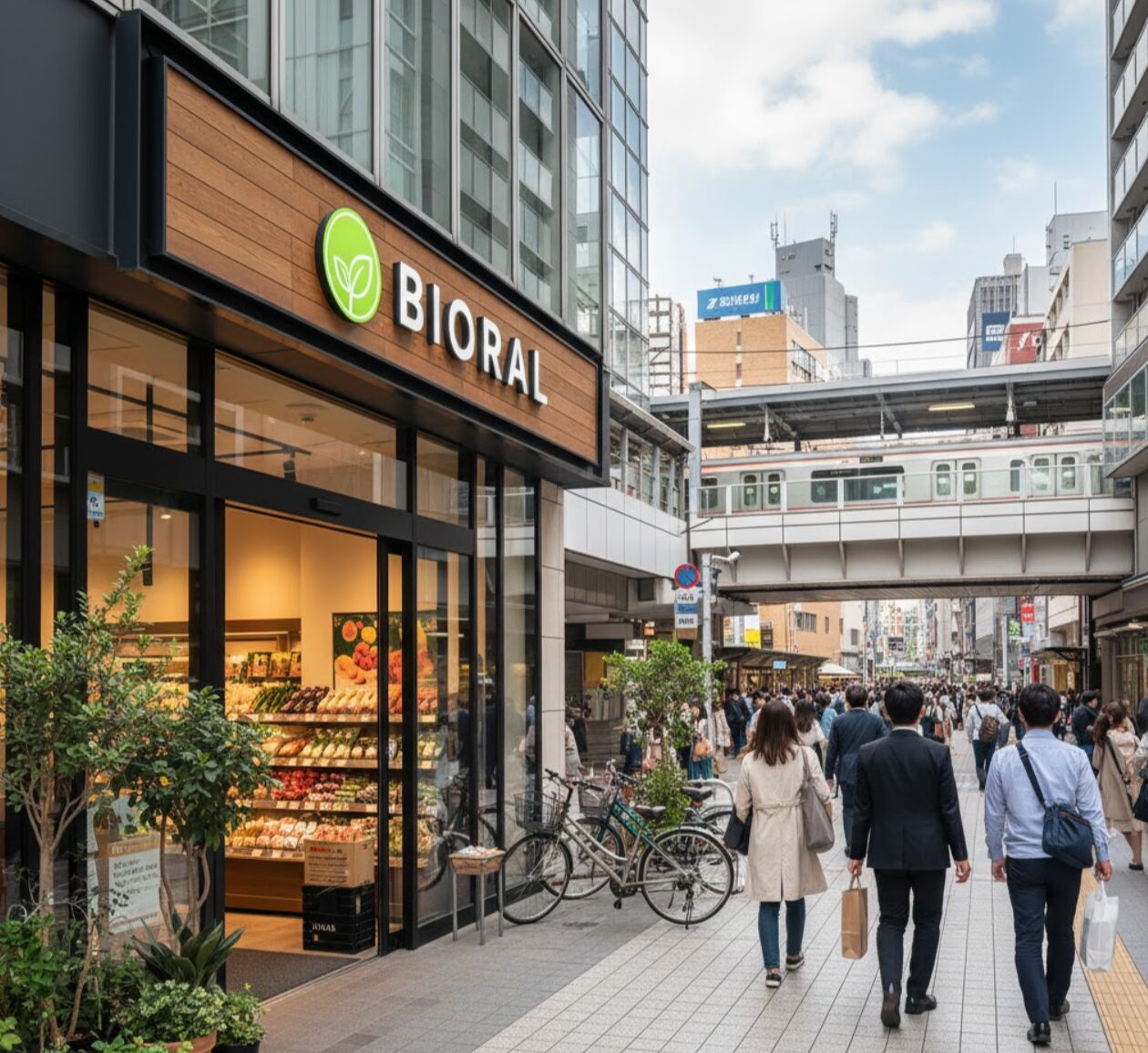 関東エリアの主要駅近くにあるビオラル店舗の外観。多くの人々が行き交う駅前風景が背景にあり、利便性の高い立地を強調。