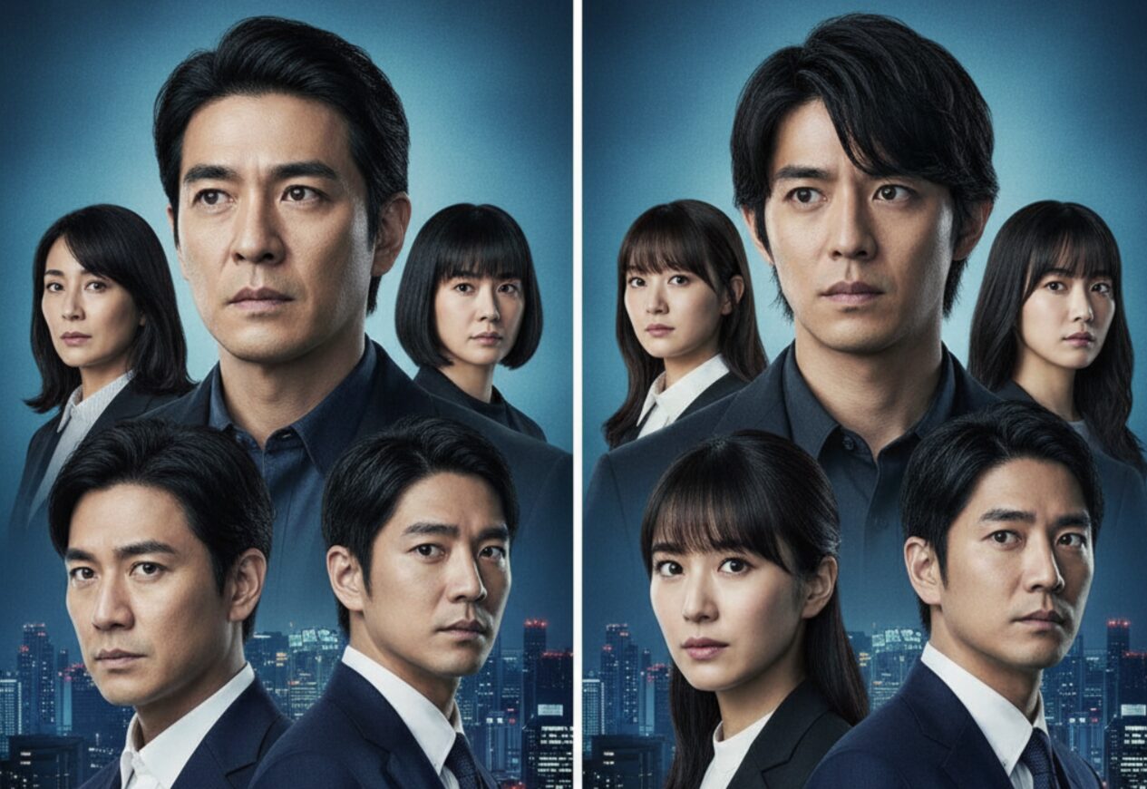 WOWOWドラマ版と2024年映画版『正体』のメインキャストを比較した二分割ポスター。左側はドラマ版の亀梨和也ら、右側は映画版の横浜流星らを配置し、それぞれの雰囲気を対比させている。