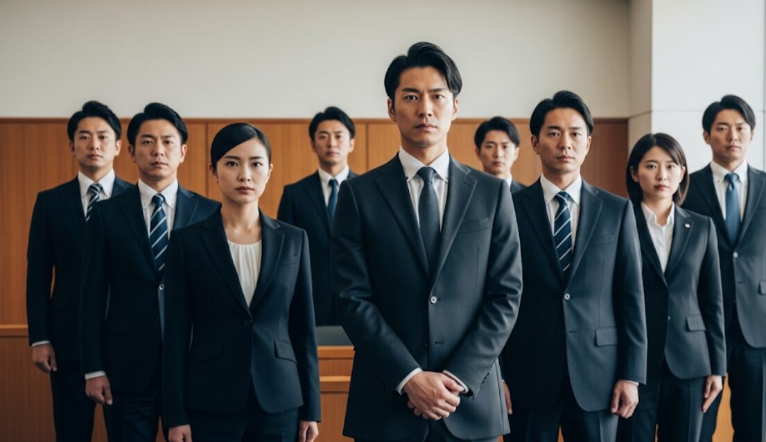 真剣な表情で並んで立つ、黒いスーツを着た複数のアジア人男女。強固な絆で結ばれたチームの団結を象徴している。