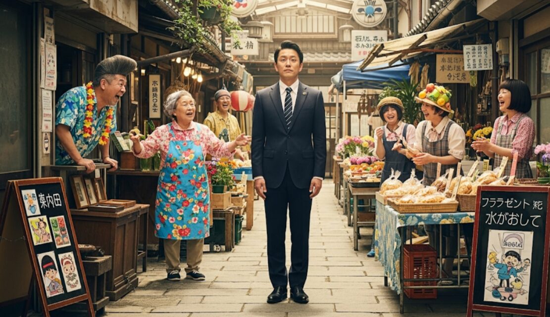 古い雑居ビルで、スーツ姿の弁護士が個性的な日本の住人たちに囲まれている。彼らは楽しそうに笑っており、対照的な雰囲気が描かれている。