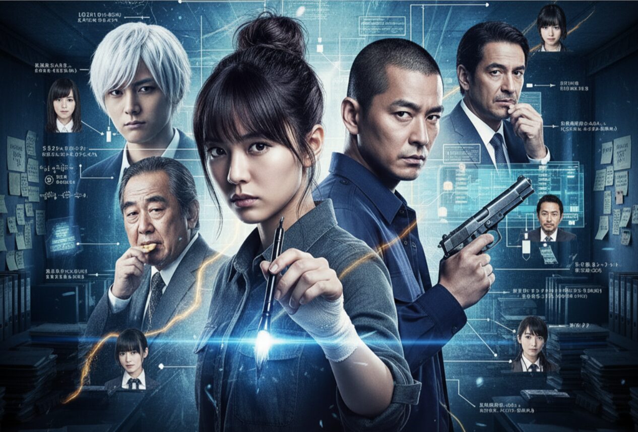 ドラマ「SPEC」の未詳事件特別対策係のメンバー(当麻紗綾、瀬文焚流、野々村係長)を中心に、物語の鍵を握るSPECホルダー(一十一、地居聖、志村美鈴、冷泉俊明、サトリ)が周囲に配置された、複雑な人間関係を示す相関図イメージ。背景には事件の手がかりを示す情報が散りばめられている。