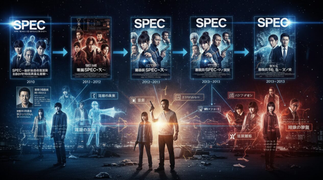 ドラマ「SPEC」シリーズの視聴順を視覚的に示したインフォグラフィック。連続ドラマからスペシャルドラマ「翔」「零」、劇場版「天」「結」へと続く流れが、各作品のポスター画像と主要キャラクターの配置で表現されており、時系列の進行が明確に示されている。