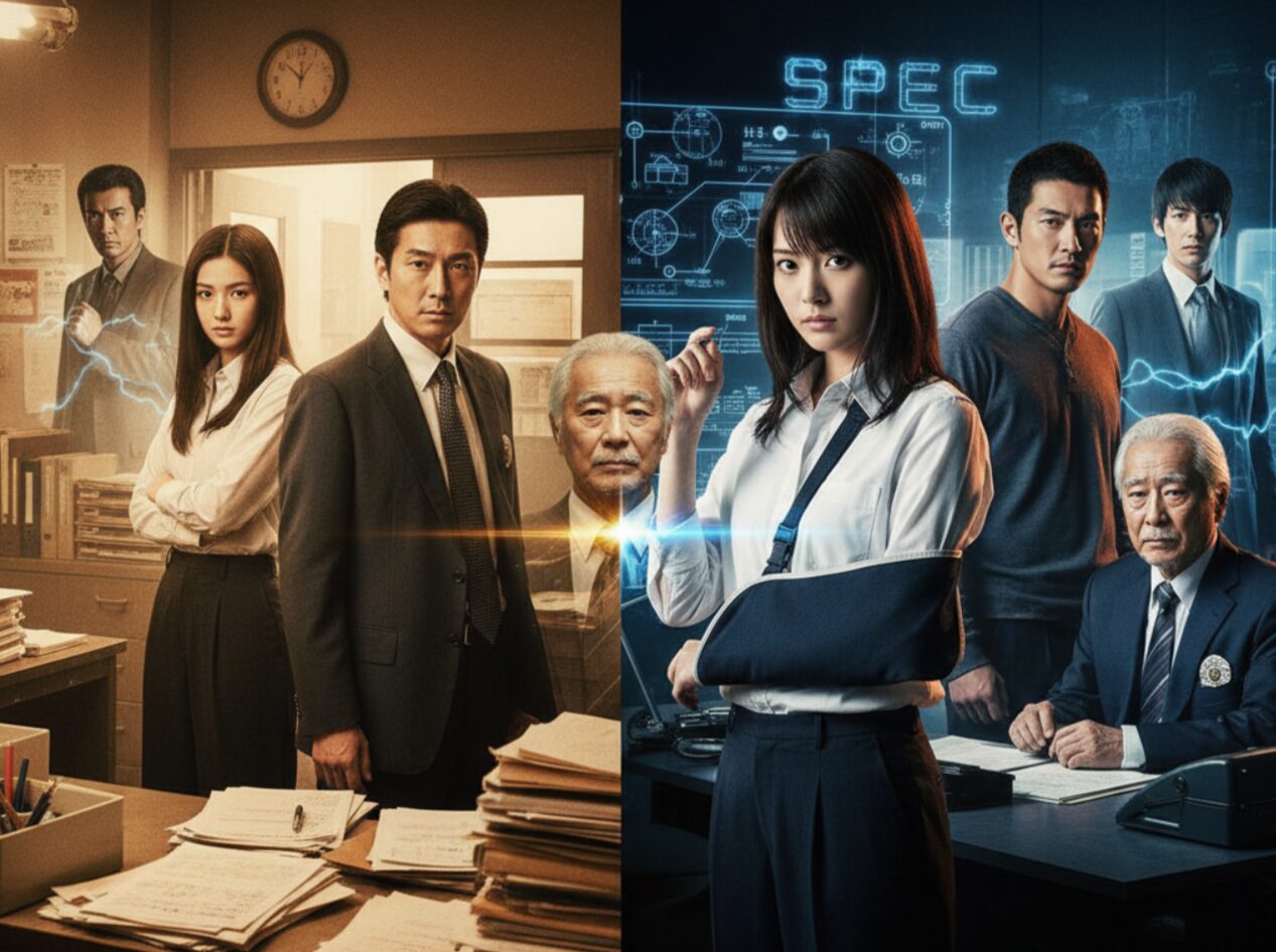 ドラマ「ケイゾク」と「SPEC」の世界観の繋がりを表現した対比画像。左側は「ケイゾク」の登場人物(柴田純、真山徹、野々村光太郎)が捜査一課弐係のオフィスにいる様子。右側は「SPEC」の登場人物(当麻紗綾、瀬文焚流、一十一、野々村光太郎)が未詳のオフィスにいる様子。両作品に共通する野々村係長が中央に配置され、二つのドラマの繋がりを示している。