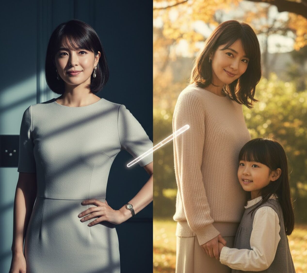 映画「そして、バトンは渡された」で梨花を演じる石原さとみの二面性を表現した分割画像。左側では洗練されたスーツ姿で「魔性の女」としての魅力を放ち、右側では幼い娘（みぃたん）に寄り添い優しく微笑む「母性」が表現されており、中央のバトンがその役割の変遷を示唆している。