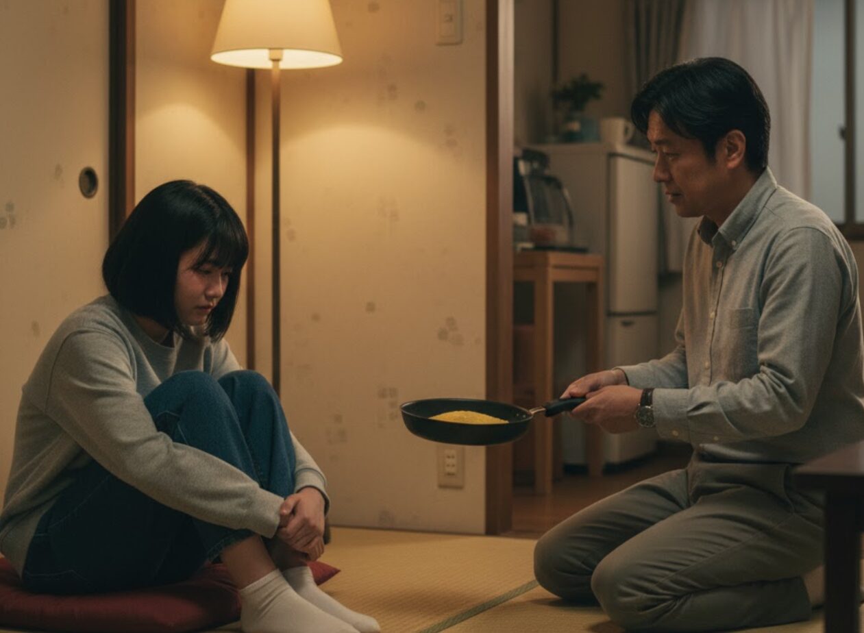 和室で床に座り込み、うなだれる女子高校生・森宮優子と、彼女に料理（フライパンのオムレツ）を差し出す義父の森宮壮介。二人の間には微妙な距離感と空気が漂い、血の繋がらない親子ゆえの「気まずさ」や「もどかしさ」が表現されている。