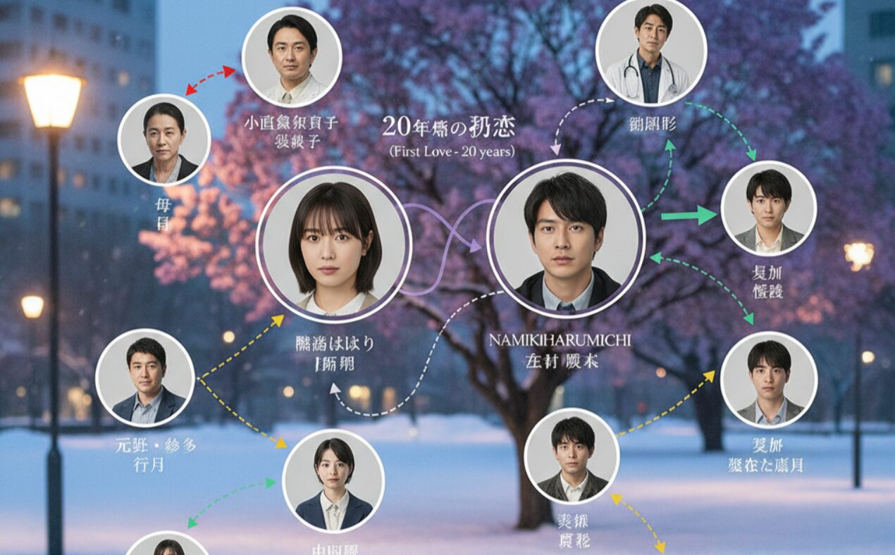 夜の公園に立つ桜の木を中心に、ドラマ「First Love 初恋」の登場人物たちの複雑な関係性が視覚的に表現された相関図。主要な登場人物の顔写真が配置され、それぞれの関係性が矢印で示されている。
