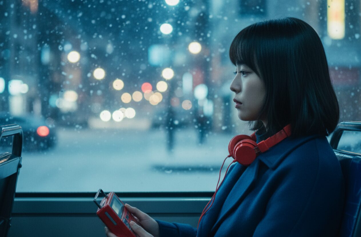 雪が降る夜、バスの中で窓の外を憂鬱な表情で見つめる日本人女性。彼女は赤いヘッドホンを首にかけ、手に赤いカセットプレーヤーを持っている。