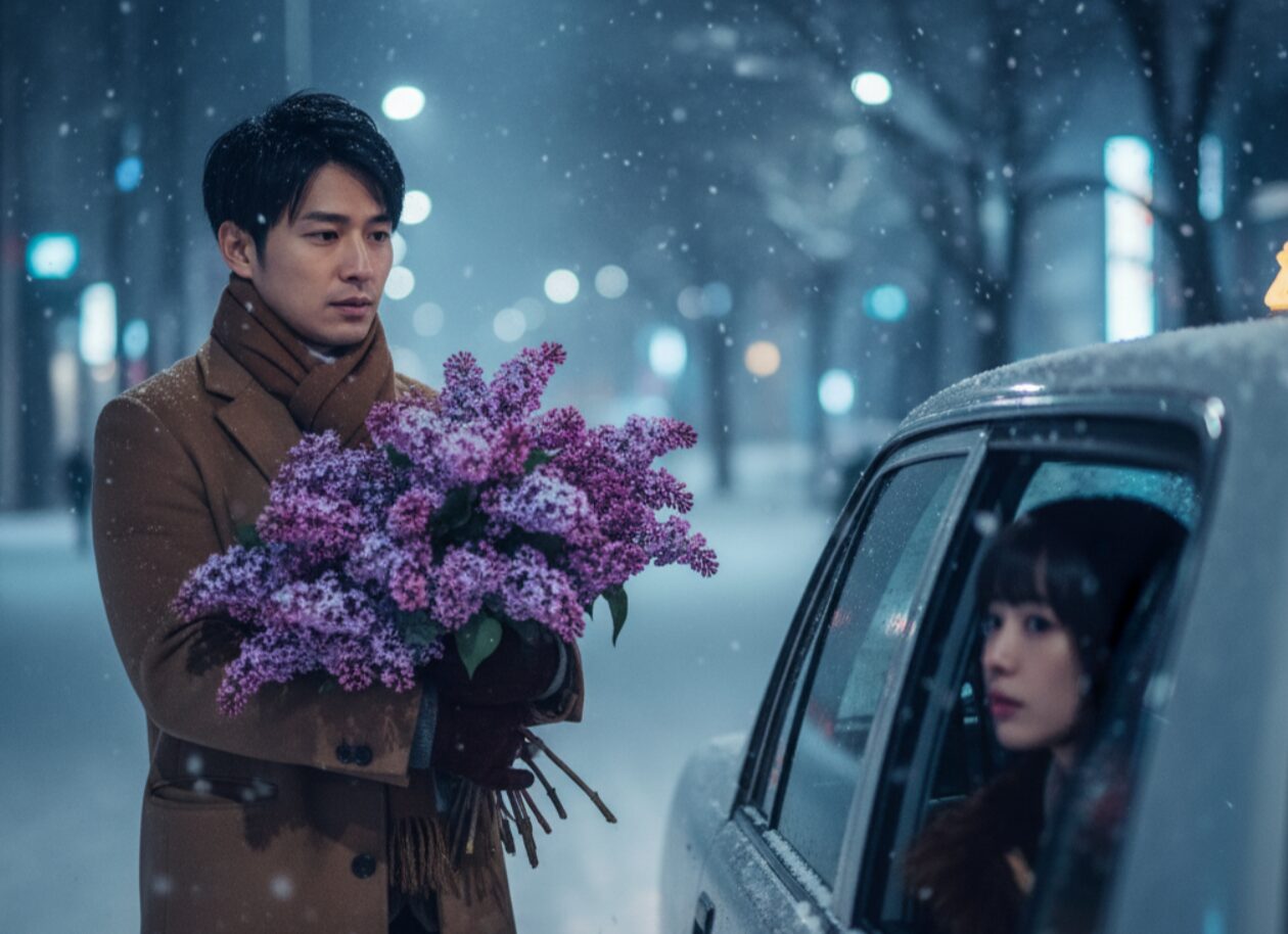 雪が降る夜の街路で、日本の男性がタクシーの窓越しに座っている日本の女性に、紫色のライラックの花束を差し出している。