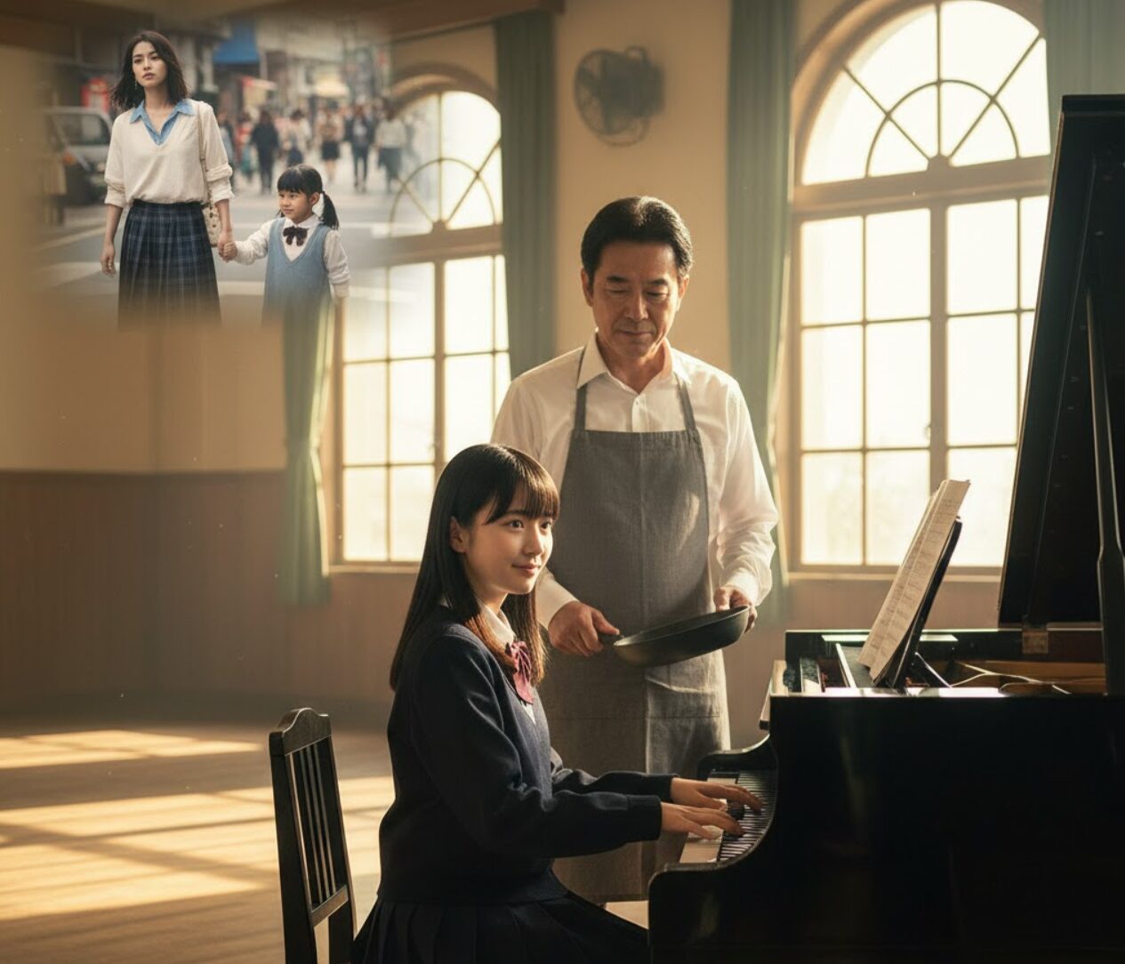 高校の音楽室でピアノを練習する制服姿の森宮優子と、その傍らで料理を見守る義父の森宮壮介。背景には、幼い頃の優子（みぃたん）と梨花が手を繋いで歩く回想シーンが重なり、現在の穏やかな生活と過去の複雑な家族関係が示唆されている。