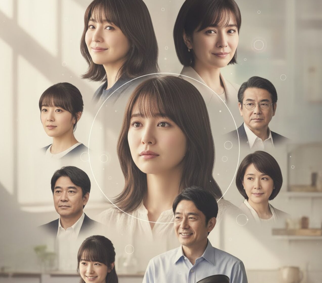 映画「そして、バトンは渡された」の主要キャストたちのポートレートがコラージュされた画像。中心には主人公の森宮優子を演じる永野芽郁が配置され、周囲に梨花役の石原さとみ、森宮壮介役の田中圭、幼少期の優子（みぃたん）役の稲垣来泉など、豪華な出演者たちの顔が配され、物語を彩る人間関係が表現されている。