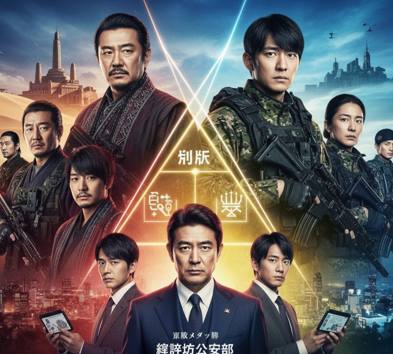 それぞれ異なる組織を象徴する衣装をまとった日本人キャストたちが、光のトライアングルで区切られた構図で配置されている。背景には砂漠の都市、現代の都市風景が広がり、複雑な三つ巴の対立構造を表現している。