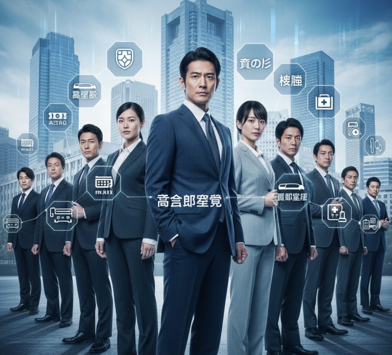 都会のビル群を背景に、スタイリッシュなスーツ姿の日本人男女が並び立ち、それぞれの頭上に日本の基幹産業を示すアイコンが浮かんでいる。これは、彼らが様々な分野に潜入している「別班」の構成員であることを示唆している。