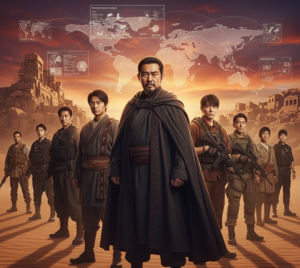 荒廃した砂漠の遺跡を背景に、民族衣装や戦闘服を身につけた日本人男性たちが力強く立つ。背後には世界地図と情報分析を示すホログラムが表示され、組織の広範な影響力と謎めいた雰囲気を強調している。