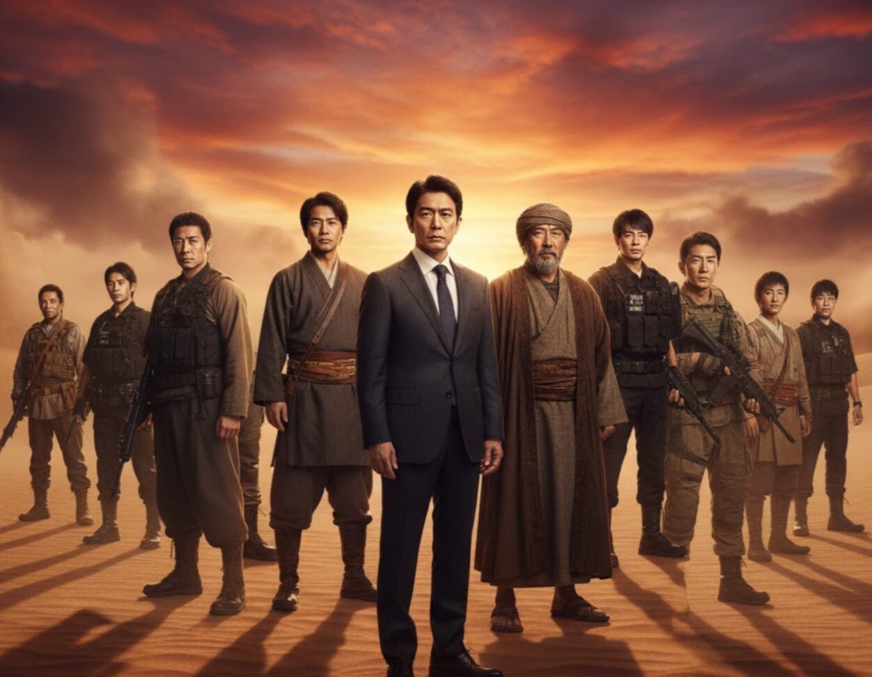 広大な砂漠の夕焼けを背景に、スーツ姿の日本人男性が中央に立ち、その周囲に民族衣装や戦闘服を着た複数の日本人男性が配されている。物語の主要人物たちが集結し、これから始まる壮大なドラマを予感させる。
