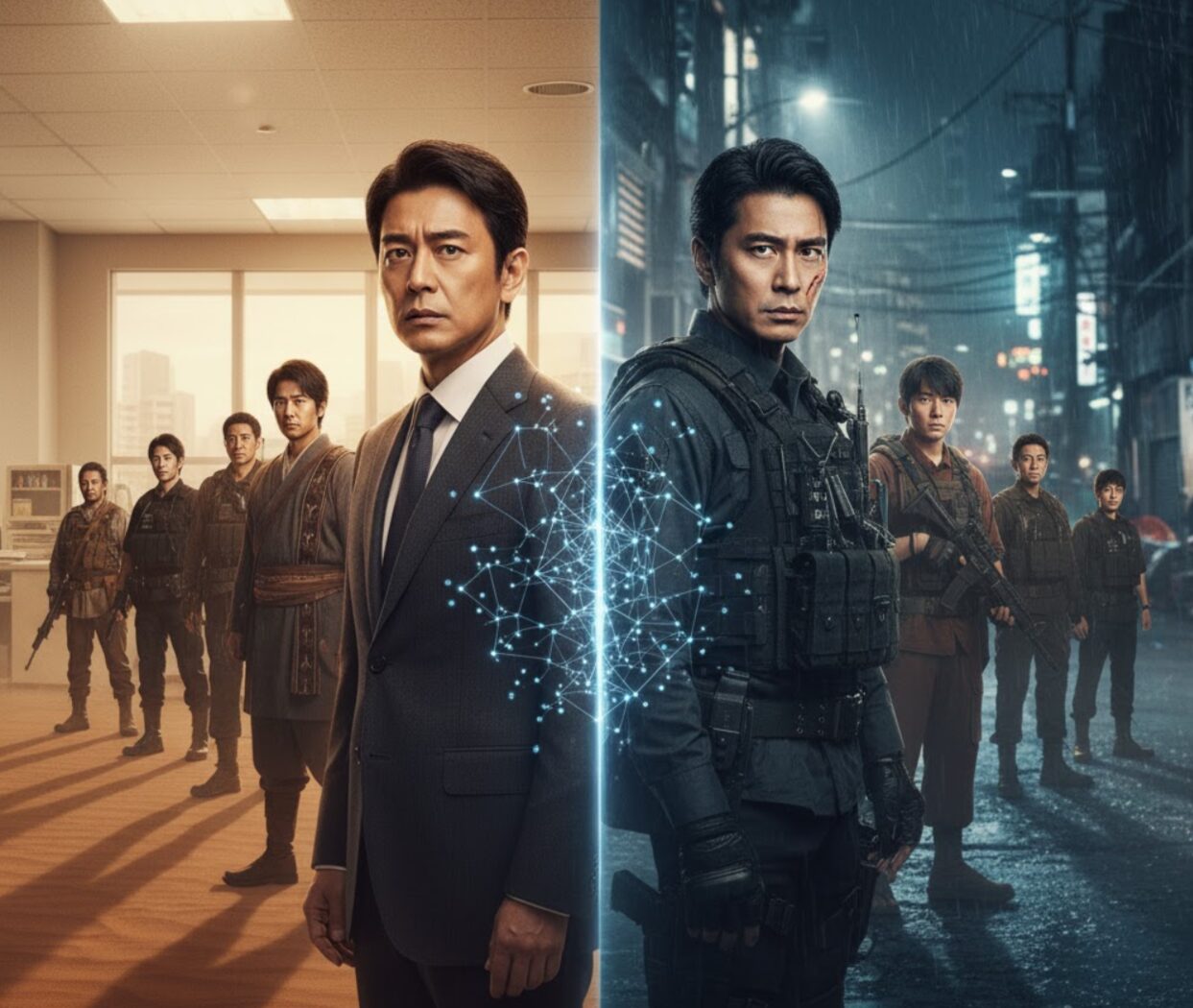 左右に分割された画面。左側は明るいオフィスでスーツ姿の日本人男性たちが、右側は雨の降る夜の街で戦闘服姿の日本人男性たちが立っている。中央には二つの世界を結ぶように光るネットワークのようなエフェクトがあり、主人公の二面性とその家族の物語が交錯する様子を表現している。