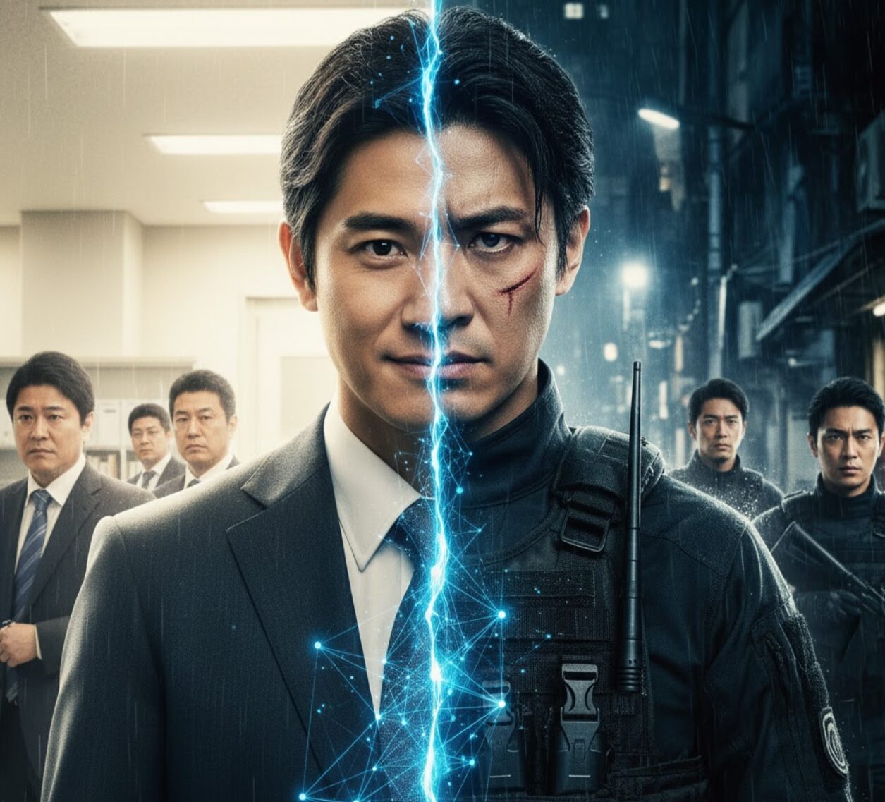 一人の日本人男性の顔が中央で雷のような光によって左右に分割されている。左半分はオフィスでスーツを着た穏やかな表情、右半分は雨の中、戦闘服を着て傷を負った冷徹な表情で、主人公の二重人格「F」とその対照的な性質を象徴的に表現している。