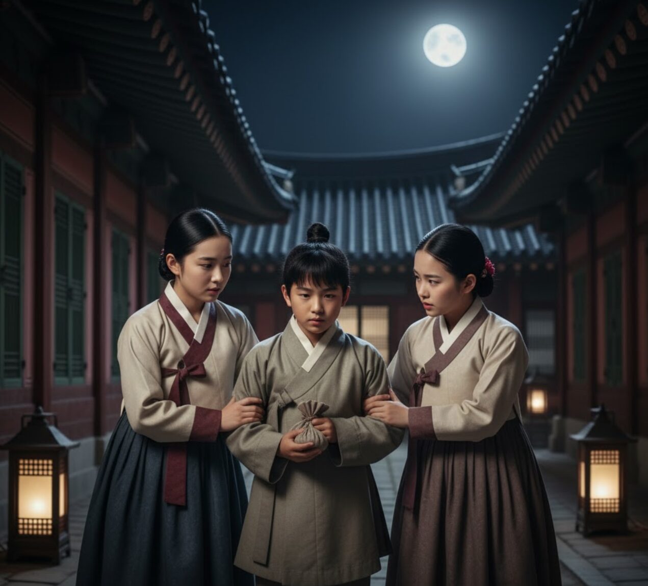 夜の宮殿で出会う幼い世孫(イ・サン)と女官見習い(ソン・ソンヨン)。