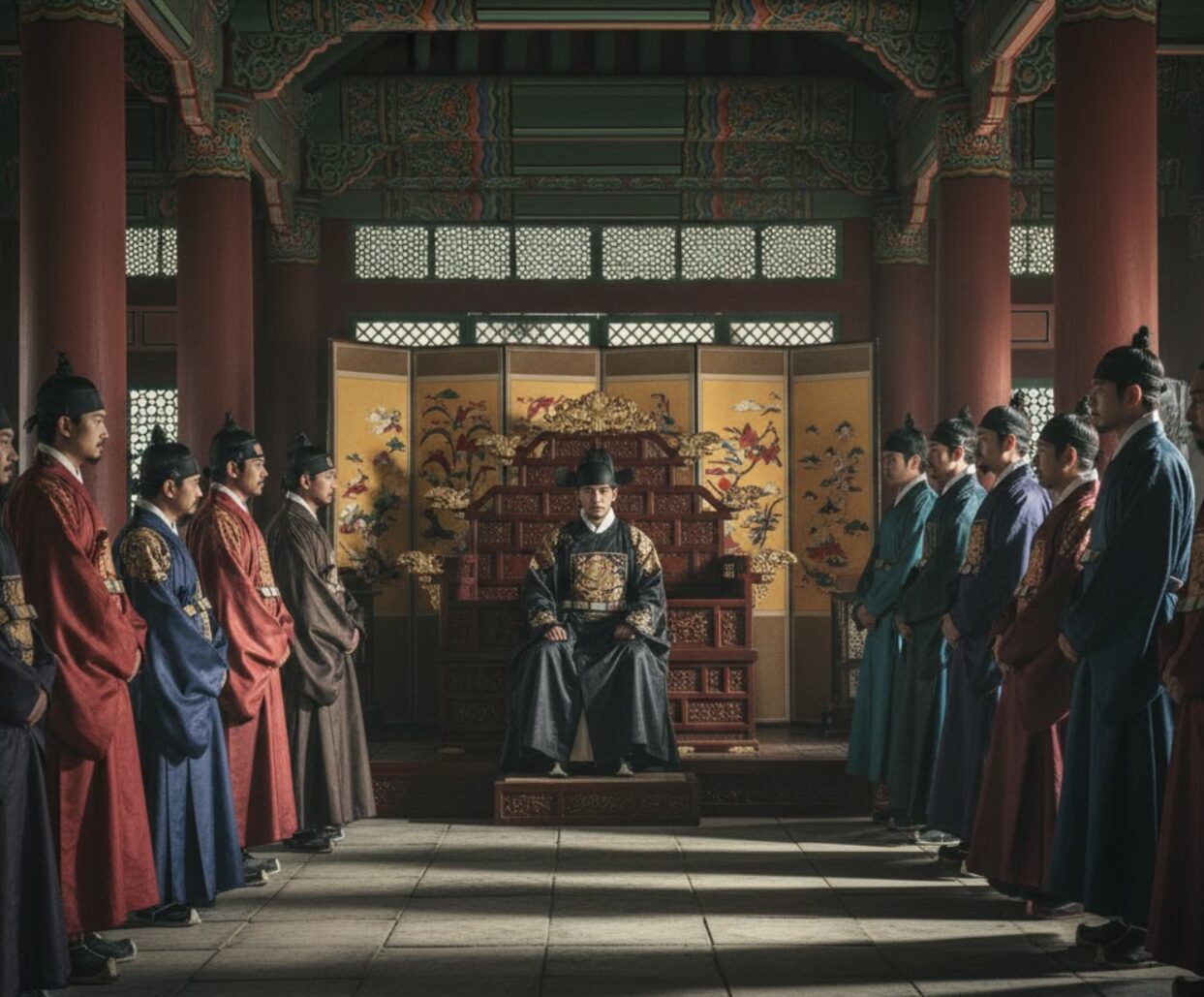 玉座に座る朝鮮王朝の王(イ・サン)と、彼に対峙する臣下たち(老論派)。