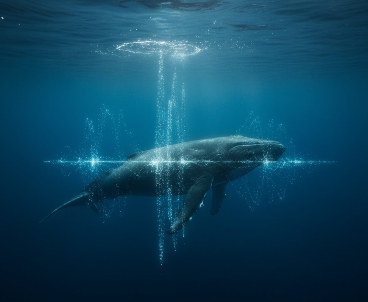 深く暗い青色の海の中をたった一頭で泳ぐクジラのシルエット。届かない52ヘルツの声を象徴する幻想的なイメージ。