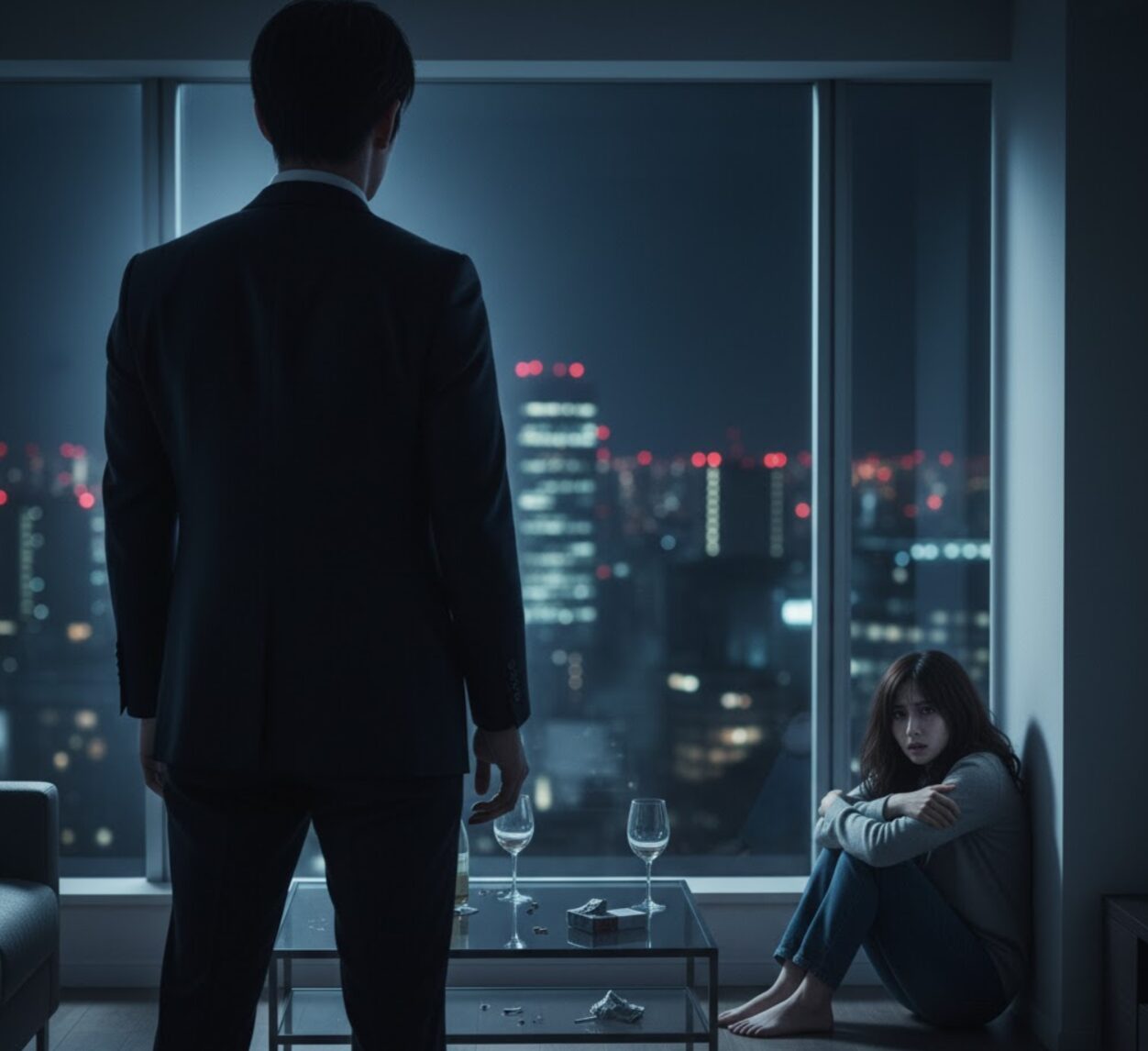 夜のマンションの一室。手前に立つスーツ姿の男性の威圧的な影と、奥で怯えたように萎縮している女性。DVと精神的支配の暗示。