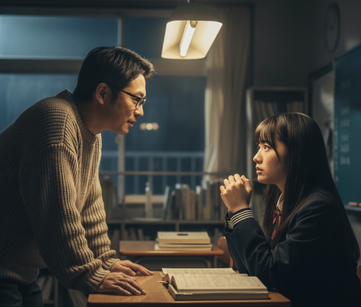 夜の塾の教室。眼鏡をかけた優しげな男性講師が、悩みを抱えた女子生徒の話に親身に耳を傾けている様子。孤独な魂の救済。