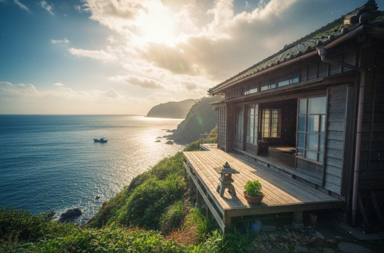 大分の海を見下ろす高台に建つ古い日本家屋。海に向かって張り出した木造のテラスがあり、雲間から光が差している。物語の後半の舞台。