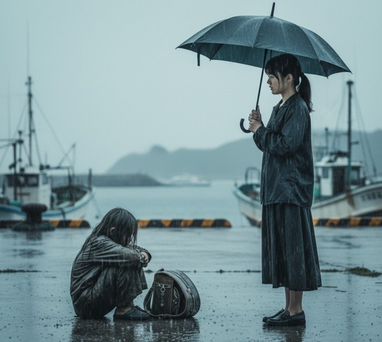 雨の降る漁港で、傘を差した女性が、濡れて薄汚れた服を着た髪の長い少年を見つめている場面。運命的な出会いと救い。