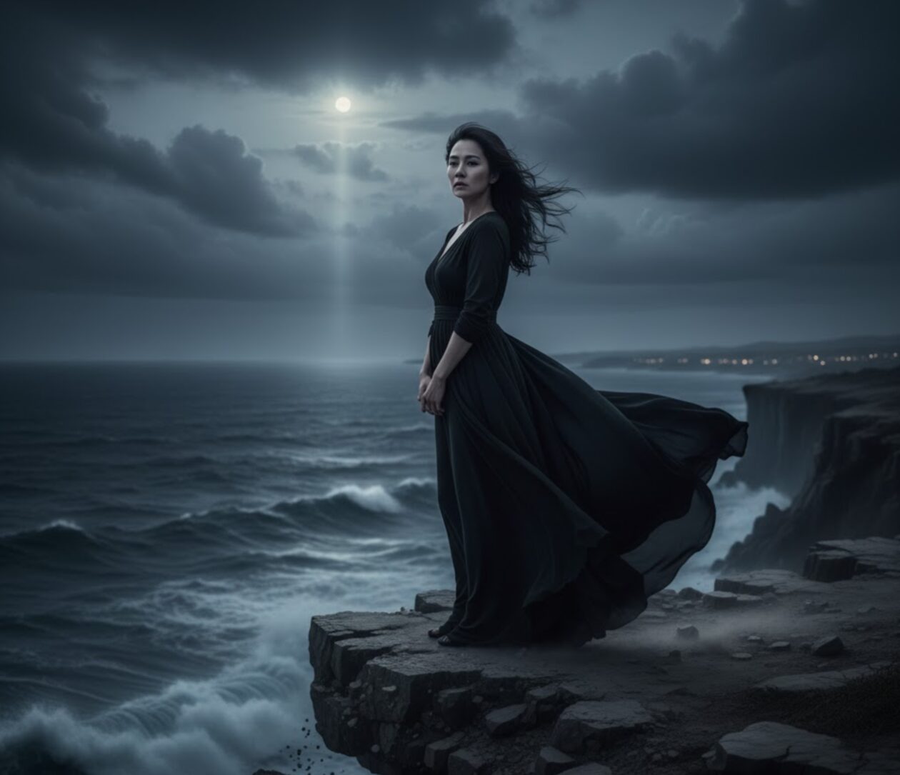 崖の上で風に吹かれながら、遠くの海を悲しげに見つめる女性。復讐の代償を象徴するような、寂寥とした風景。