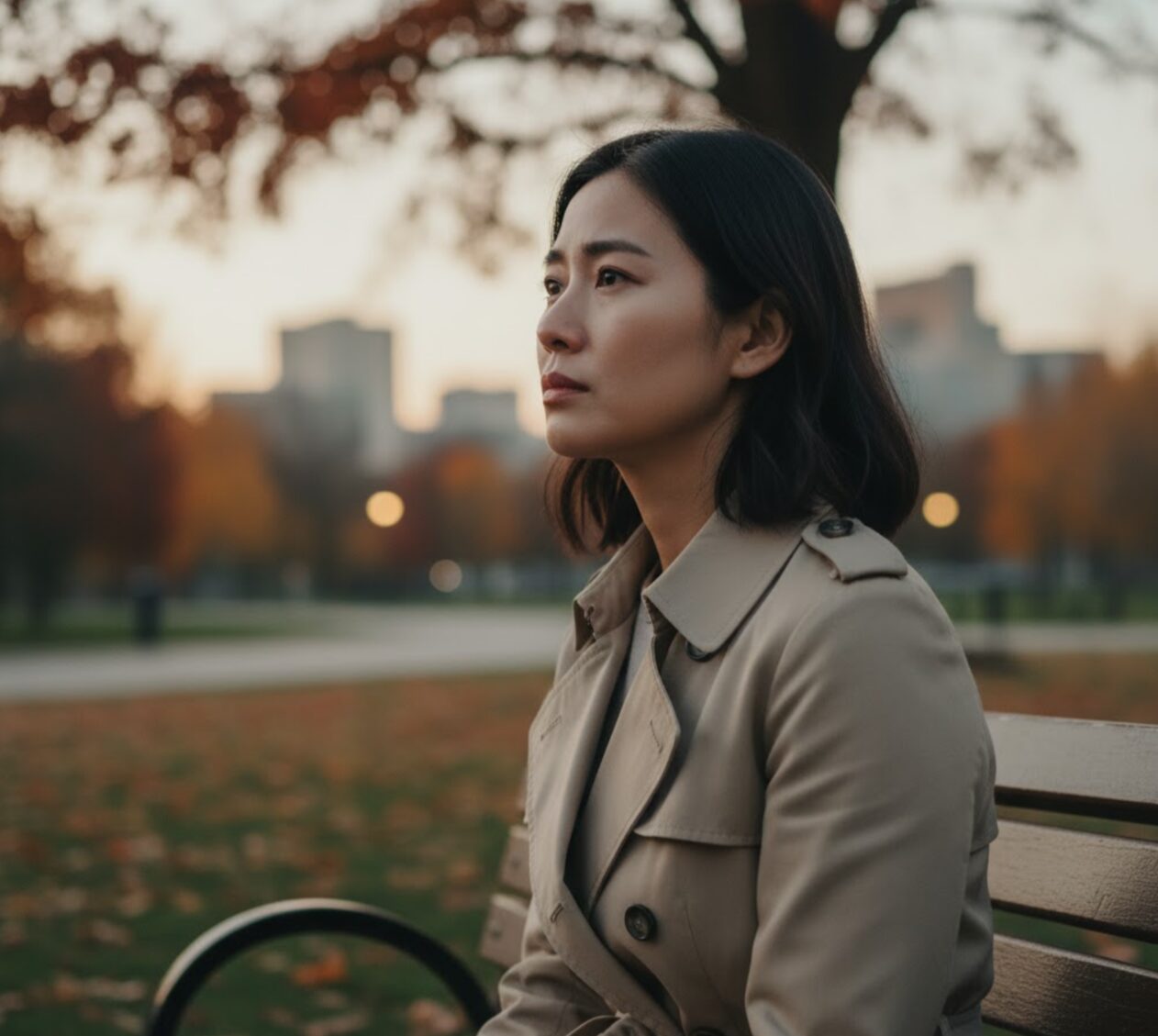 静かな公園のベンチに座り、遠くを見つめながら物思いにふける女性。物語の結末に対する複雑な感情が表現されている。